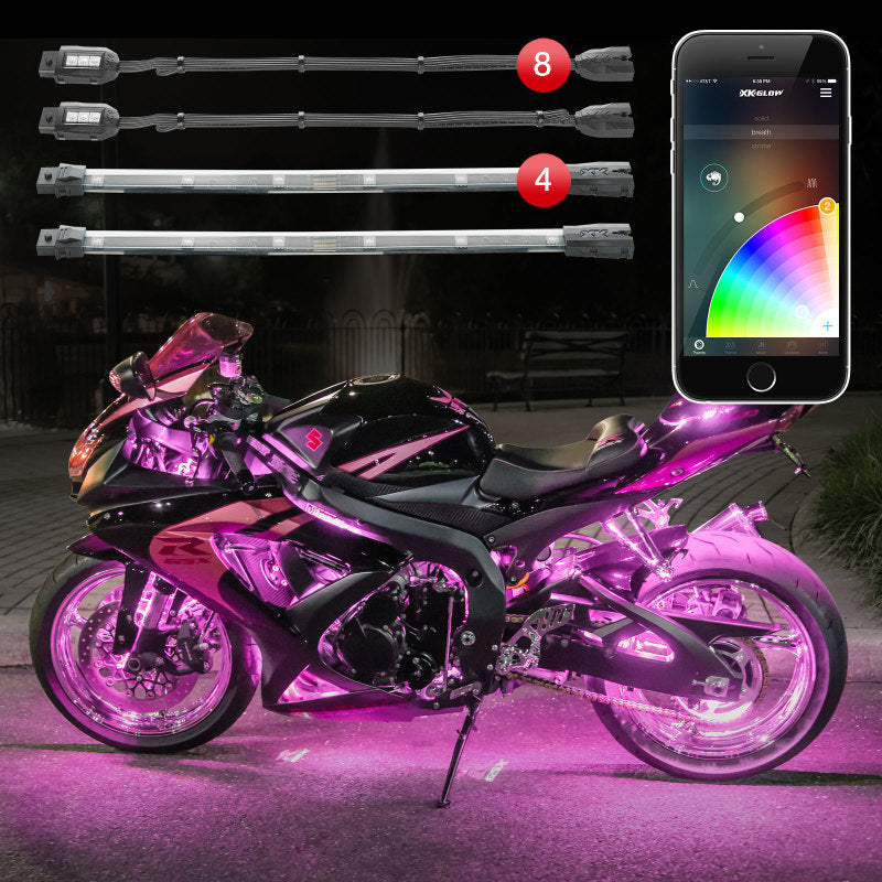 XK Glow Strip Million Color XKCHROME Smartphone App ATV/Motorcycle LED Light Kit 8xPod + 4x10In-Light Accessories and Wiring-XKGLOW