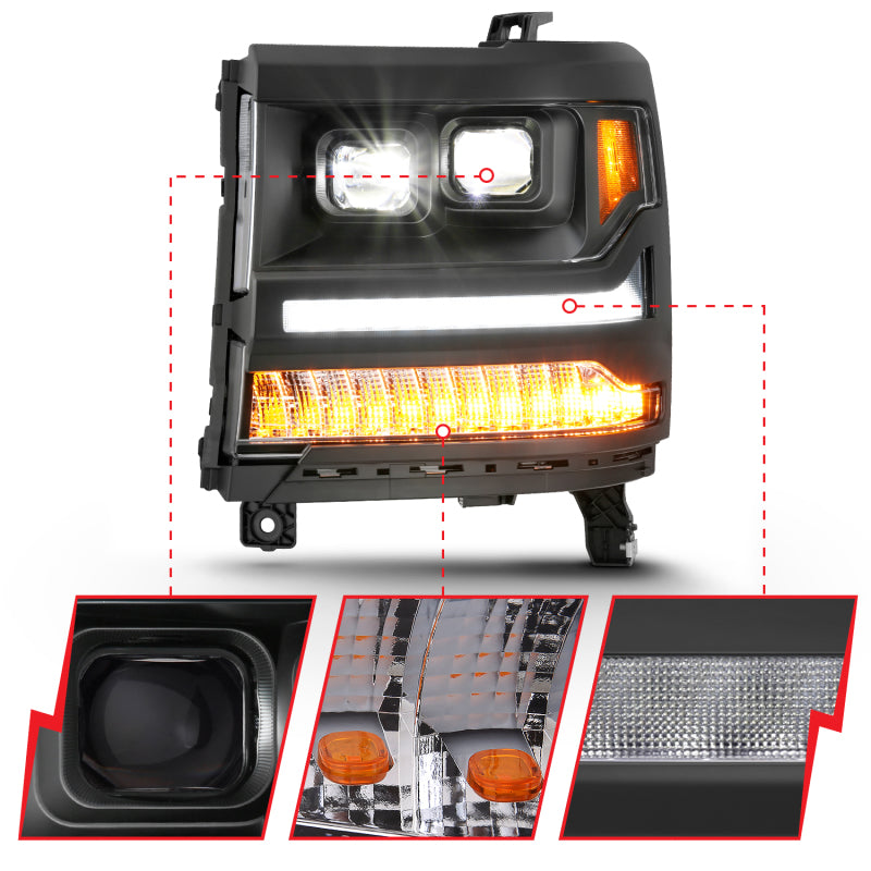 ANZO 16-18 Chevrolet Silverado 1500 LED Projector Headlights w/Plank Style Switchback Black w/ Amber ANZO