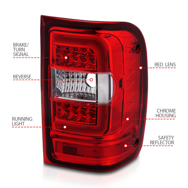 ANZO 2001-2011 Ford Ranger LED Tail Lights w/ Light Bar Chrome Housing Red/Clear Lens-Tail Lights-ANZO