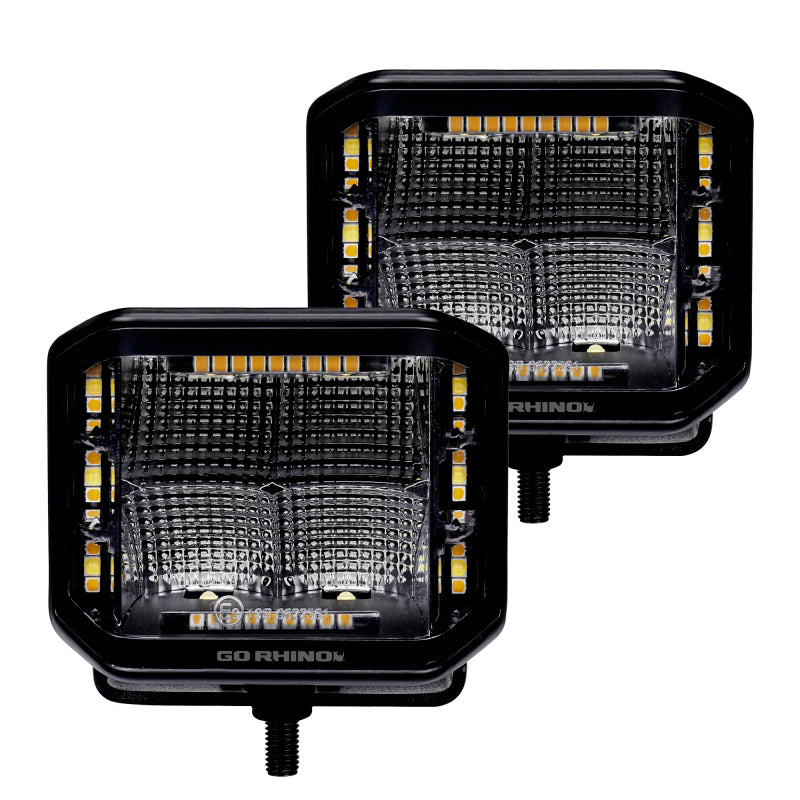 Go Rhino Xplor Blackout Combo Series Cube Sideline LED Flood Lights w/Amber 4x3 - Blk (Pair) Go Rhino
