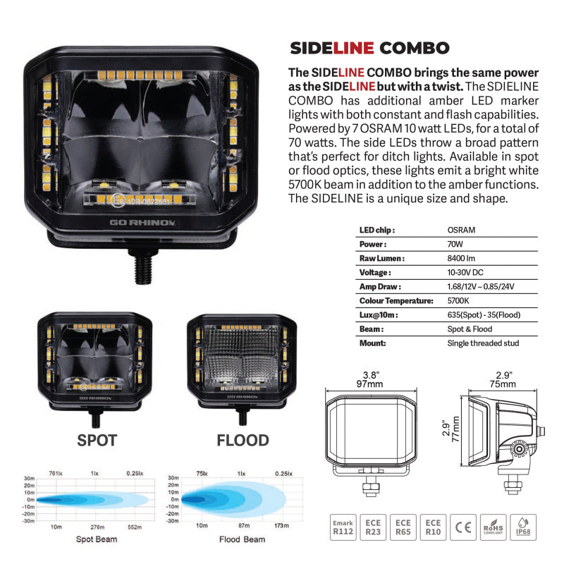Go Rhino Xplor Blackout Combo Series Cube Sideline LED Spot Lights w/ Amber 4x3 - Blk (Pair) Go Rhino