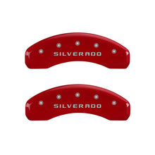 Load image into Gallery viewer, MGP 4 Caliper Covers Engraved Front &amp; Rear Silverado Red finish silver ch MGP