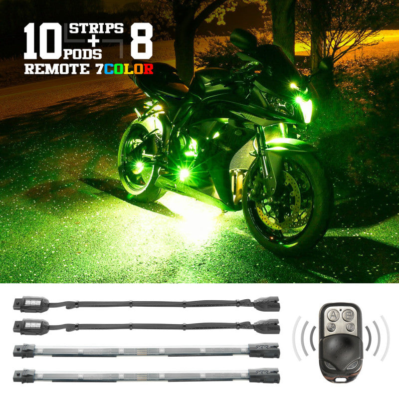 XK Glow Flex Strips 7 Color LED Accent Light Motorcycle/ATV Kit (10xCompact Pods + 8x10In)-Light Accessories and Wiring-XKGLOW
