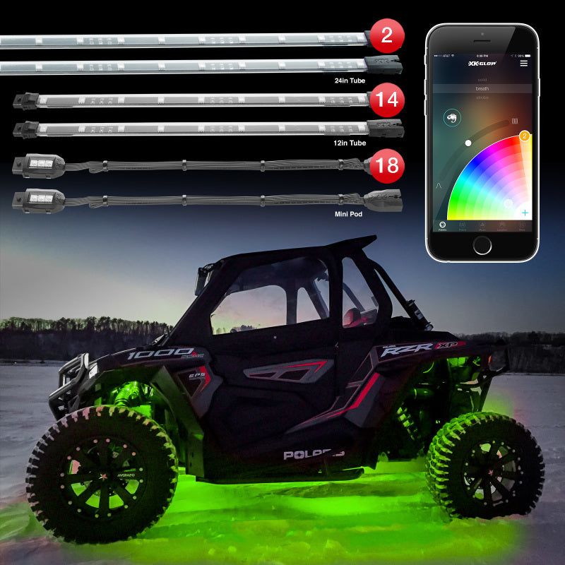 XK Glow Tube + 18xPods Million Color XKCHROME App Controlled Offroad UTV Kit 2x24In Tube + 14x12In-Light Accessories and Wiring-XKGLOW