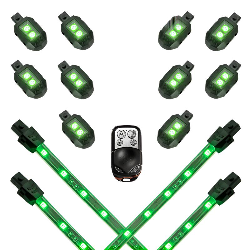 XK Glow Strips Single Color XKGLOW LED Accent Light Motorcycle Kit Green - 10xPod + 4x8In-Light Accessories and Wiring-XKGLOW