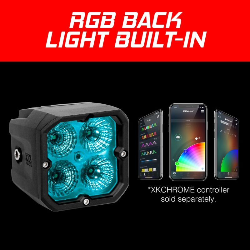 XK Glow XKchrome 20w LED Cube Light w/ RGB Accent Light - Fog Beam-Light Accessories and Wiring-XKGLOW