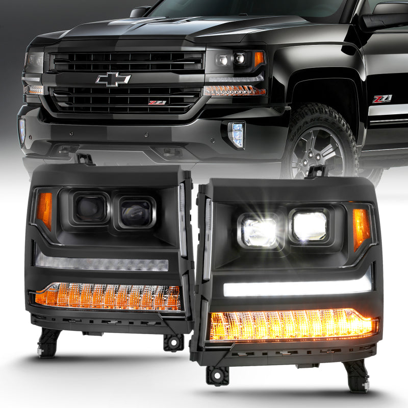 ANZO 16-18 Chevrolet Silverado 1500 LED Projector Headlights w/Plank Style Switchback Black w/ Amber ANZO