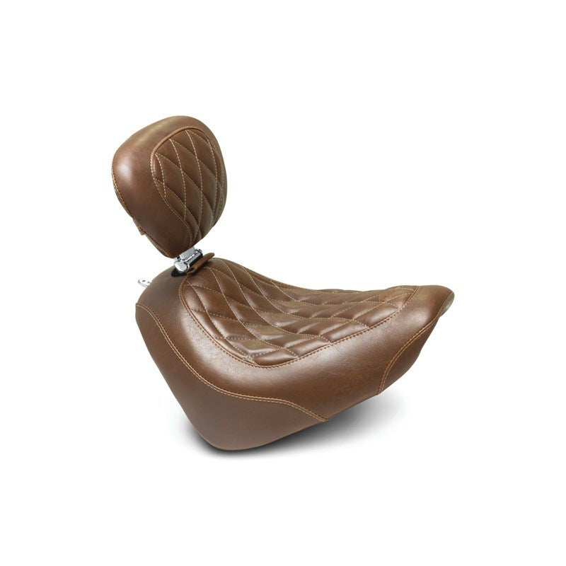 Mustang 18-21 Harley Fat Bob Wide Tripper Solo Seat w/Driver Backrest Diamond Stitch - Brown Mustang Motorcycle