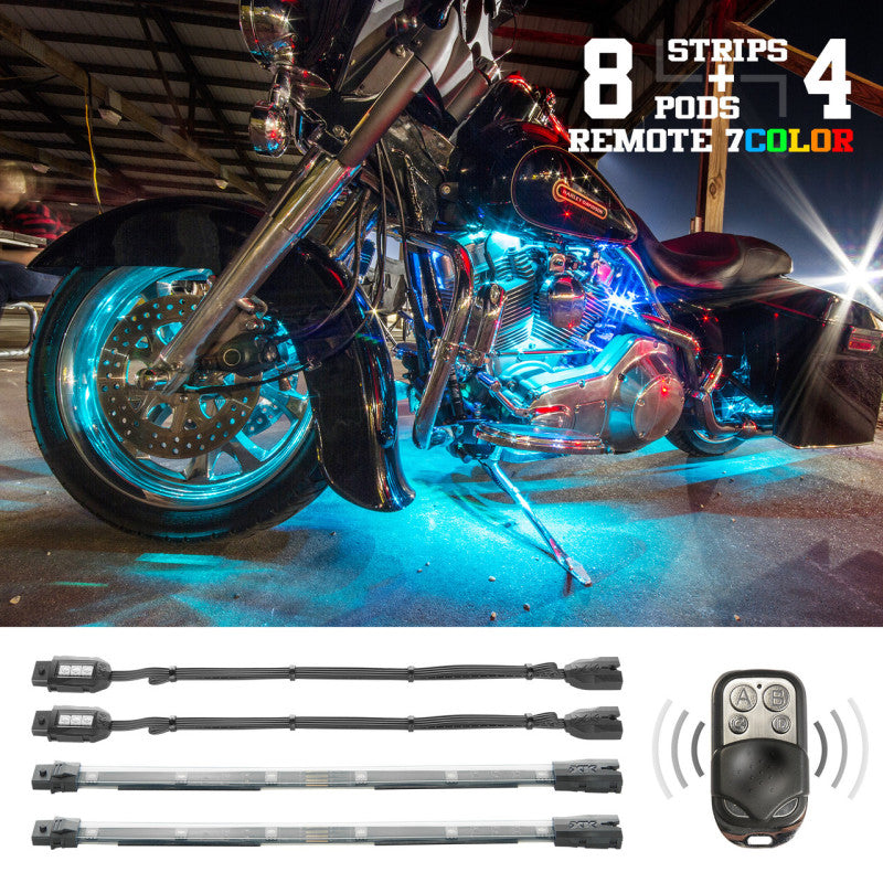 XK Glow Flex Strips 7 Color LED Accent Light Motorcycle/ATV Kit (8xCompact Pods + 4x10In)-Light Accessories and Wiring-XKGLOW