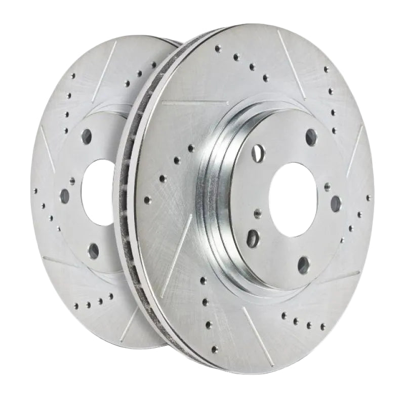 Close up Power Stop drilled holes and rounded slots