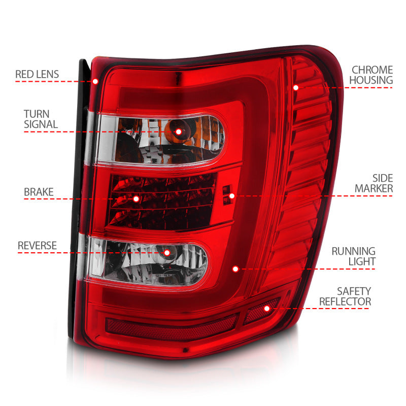 ANZO 1999-2004 Jeep Grand Cherokee LED Tail Lights w/ Light Bar Chrome Housing Red/Clear Lens-Tail Lights-ANZO