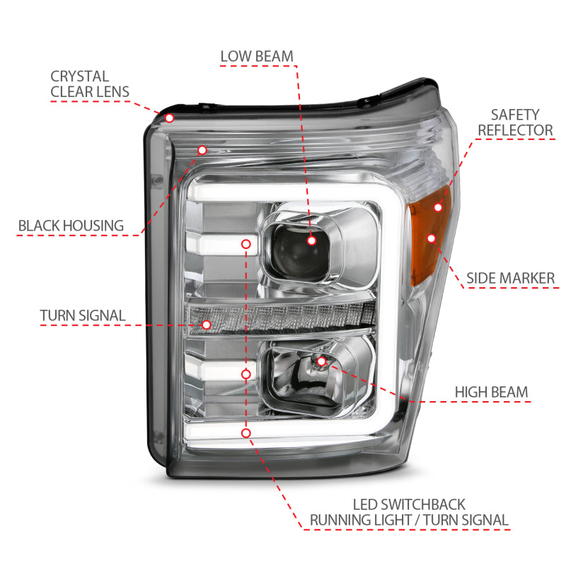 ANZO 11-16 Ford F-250/F-350/F-450 Projector Headlights w/ Plank Style Switchback Chrome w/Amber ANZO ANZ111407