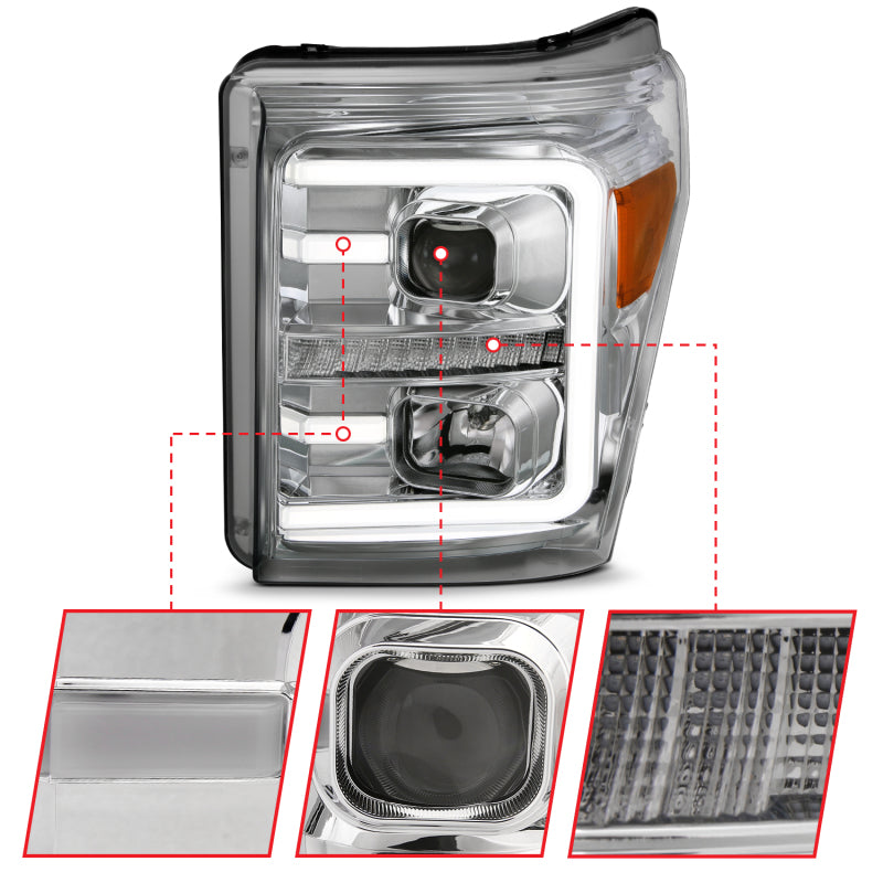 ANZO 11-16 Ford F-250/F-350/F-450 Projector Headlights w/ Plank Style Switchback Chrome w/Amber ANZO ANZ111407