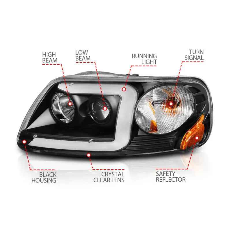 ANZO 1997-2003 Ford F-150 Projector Headlights w/ Light Bar Black Housing ANZO ANZ111503