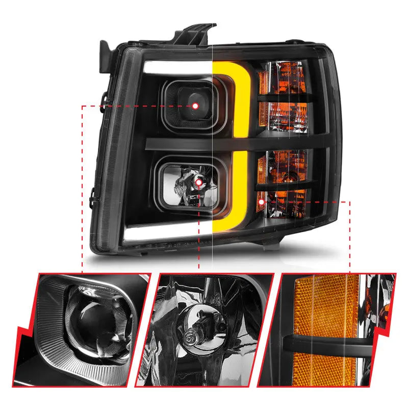 ANZO 2007-2013 Chevrolet Silverado 1500 Projector w/ Light Bar Black Housing w/ Sequential ANZO ANZ111545