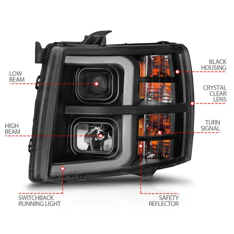 ANZO 2007-2013 Chevrolet Silverado 1500 Projector w/ Light Bar Black Housing w/ Sequential ANZO ANZ111545