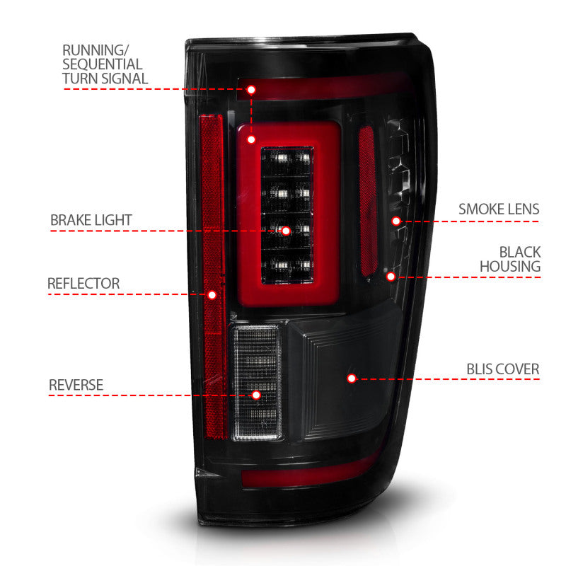 ANZO 21-23 Ford F-150 LED Taillights Seq. Signal w/BLIS Cover - Black Smoke ANZO ANZ311474