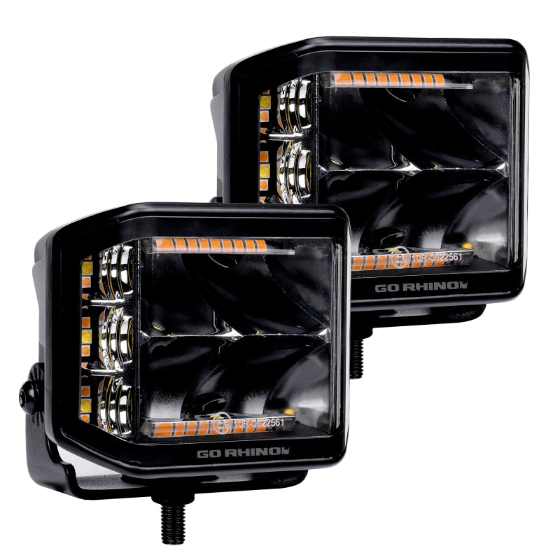 Go Rhino Xplor Blackout Combo Series Cube Sideline LED Spot Lights w/ Amber 4x3 - Blk (Pair) Go Rhino
