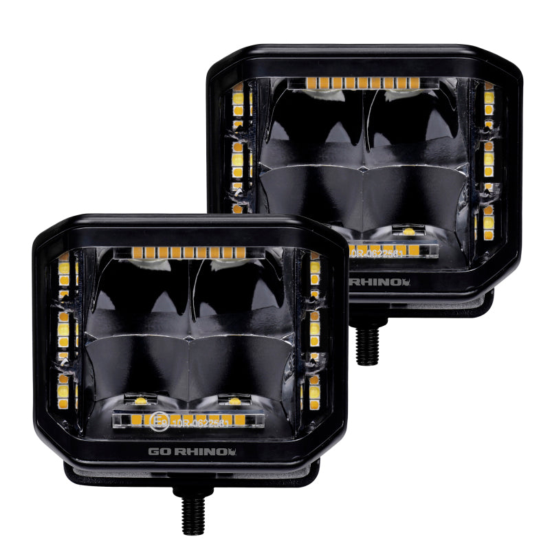 Go Rhino Xplor Blackout Combo Series Cube Sideline LED Spot Lights w/ Amber 4x3 - Blk (Pair) Go Rhino