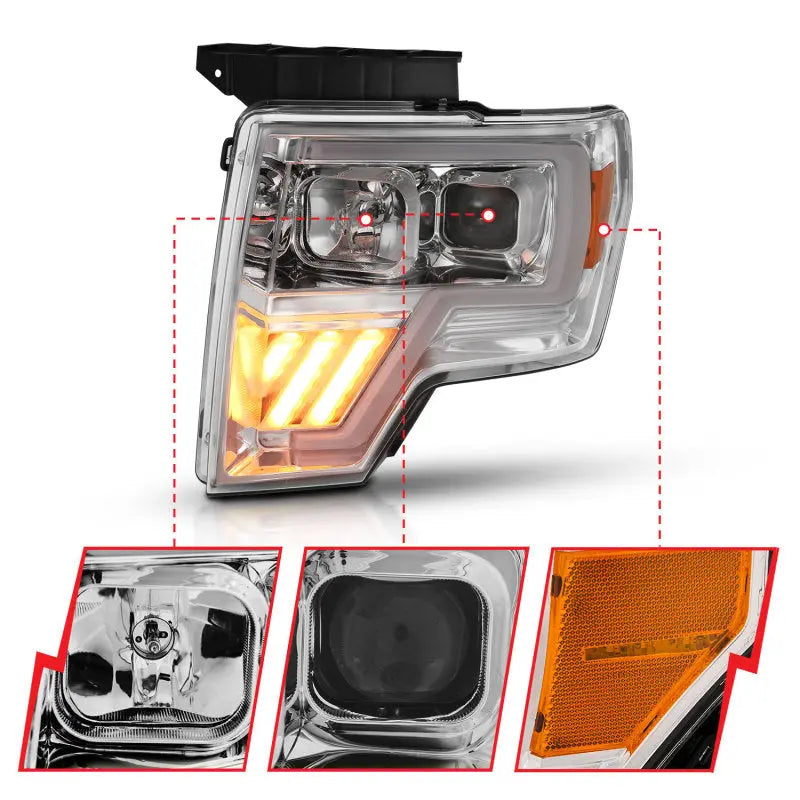 ANZO 2009-2014 Ford F-150 Projector Headlight Chrome Amber ANZO