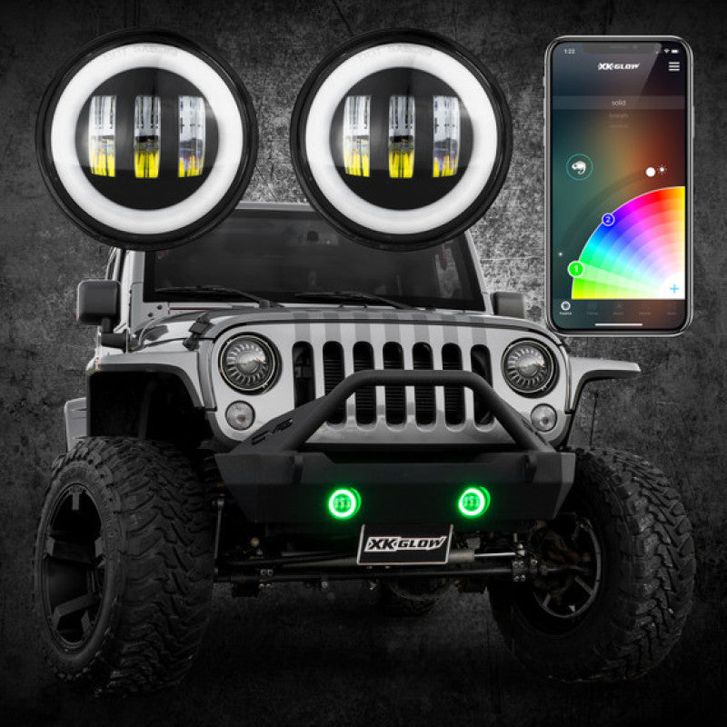 XK Glow 4In Black RGB LED Jeep Wrangler Fog Light XKchrome Bluetooth App Controlled Kit-Light Accessories and Wiring-XKGLOW