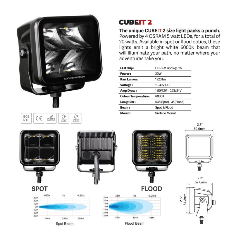 Go Rhino Xplor Blackout Series Cube LED Spot Light Kit (Surface/Threaded Stud Mnt) 2x2 - Blk (Pair) Go Rhino