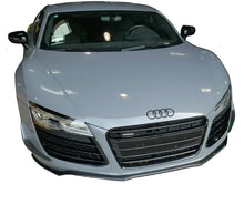 Load image into Gallery viewer, Light blue 2007-2015 Audi R8 in a shop with the German Rush carbon fiber front splitter installed