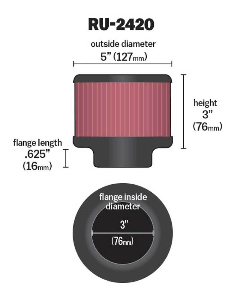 K&N Universal Rubber Filter 3 inch Flange 5 inch OD 3 inch Height K&N Engineering KNNRU-2420