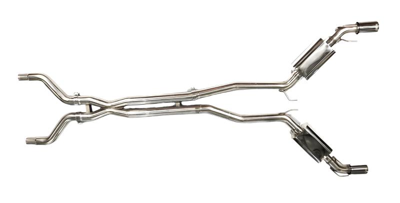 Polished 4 inch double-wall quad tips detail on Kooks 22504200 Camaro exhaust