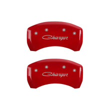 Load image into Gallery viewer, MGP 4 Caliper Covers Engraved Front &amp; Rear Cursive/Charger Red finish silver ch - MGP 12162SCHSRD