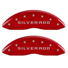 Load image into Gallery viewer, MGP 4 Caliper Covers Engraved Front &amp; Rear Silverado Red finish silver ch - MGP 14005SSILRD