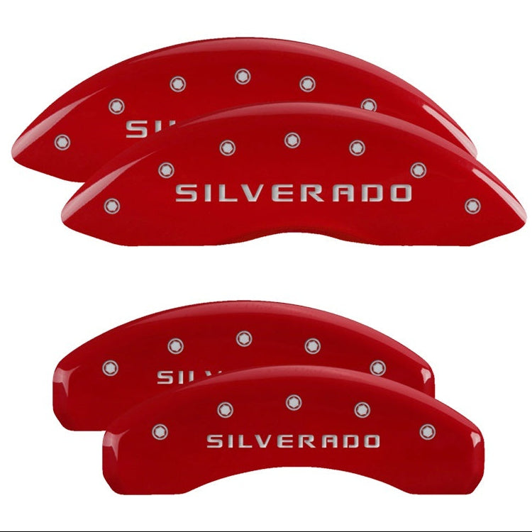 MGP 4 Caliper Covers Engraved Front & Rear Silverado Red finish silver ch - MGP 14005SSILRD