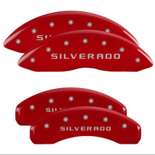 Load image into Gallery viewer, MGP 4 Caliper Covers Engraved Front &amp; Rear Silverado Red finish silver ch - MGP 14005SSILRD