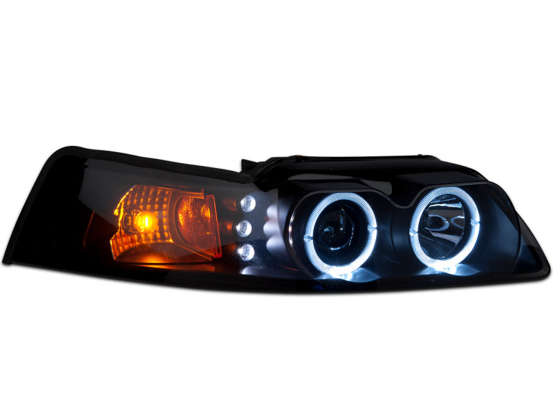 Raxiom 99-04 Ford Mustang Dual LED Halo Projector Headlights- Black Housing (Smoked Lens) - Raxiom 49113